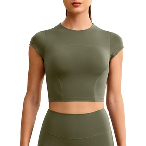 image:imageENERBLOOM Workout Crop Tops for Women Yoga Short Sleeve Mild Support Slim Fit Cropped Athletic Shirts Gym Tee Built in BraGreen
