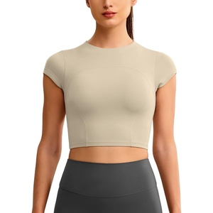 image:imageENERBLOOM Workout Crop Tops for Women Yoga Short Sleeve Mild Support Slim Fit Cropped Athletic Shirts Gym Tee Built in BraKhaki