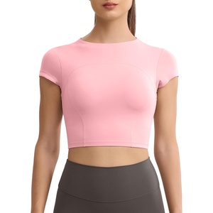 image:imageENERBLOOM Workout Crop Tops for Women Yoga Short Sleeve Mild Support Slim Fit Cropped Athletic Shirts Gym Tee Built in BraLight Pink