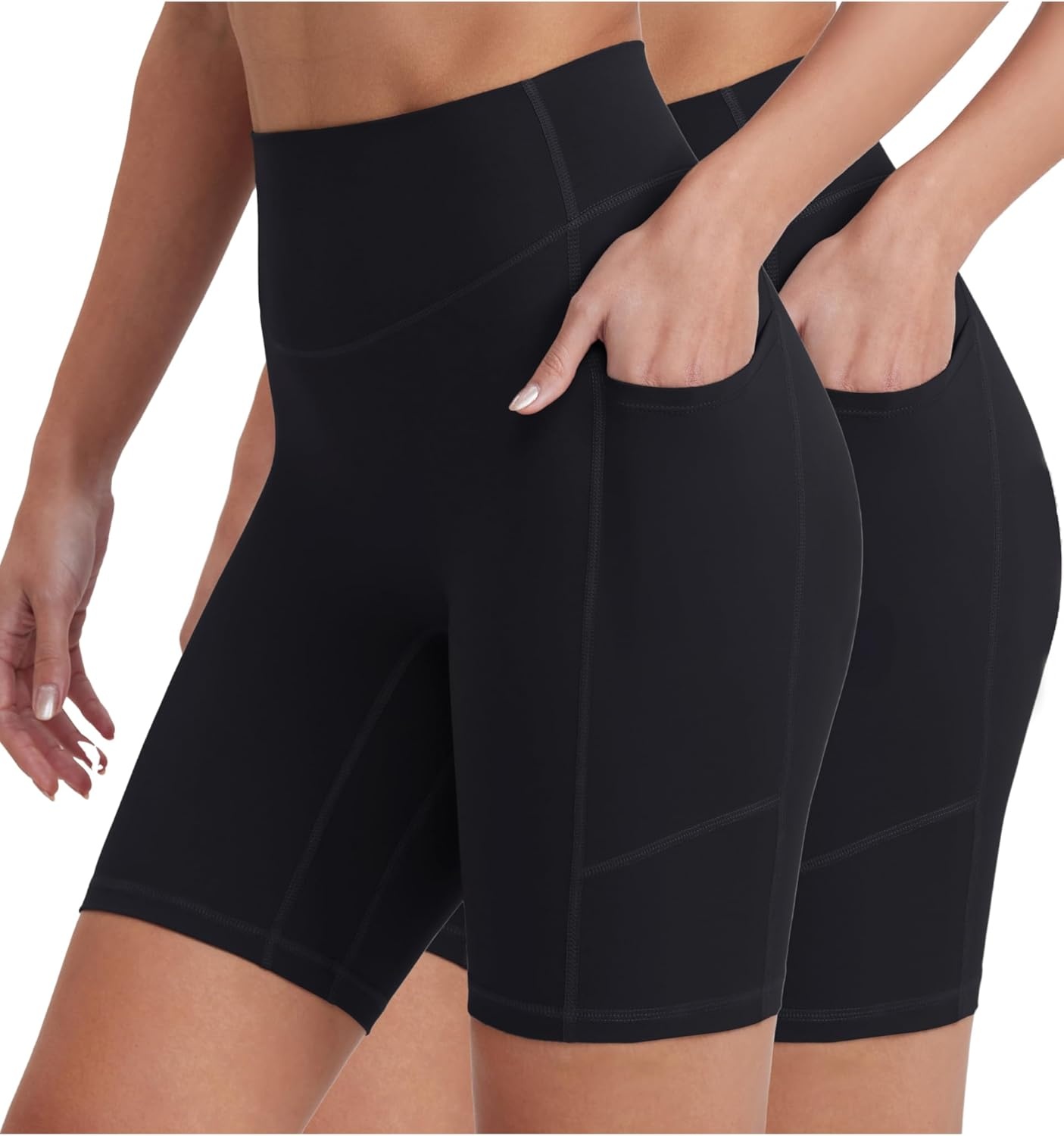 image:imageENERBLOOM Biker Shorts Women with Pockets 46810 Spandex Workout Shorts Lightweight for Summer Cycling Running Yoga Gym2pcs Black