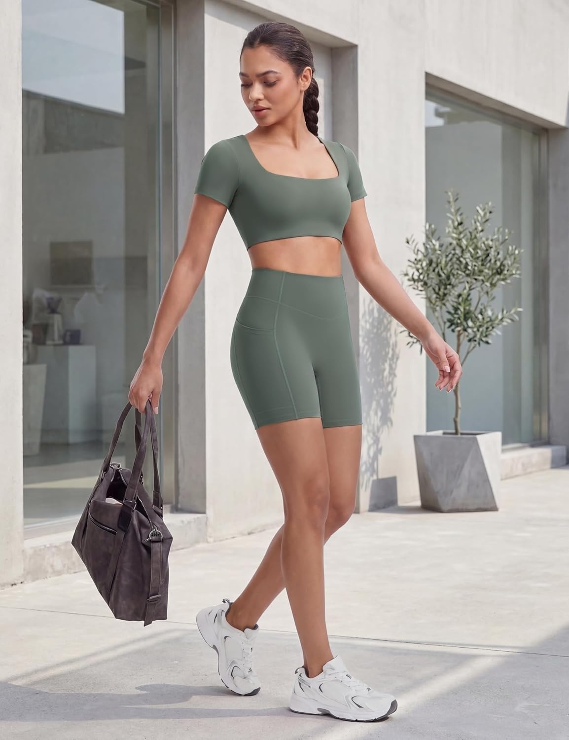 image:imageENERBLOOM Biker Shorts Women with Pockets 46810 Spandex Workout Shorts Lightweight for Summer Cycling Running Yoga GymCrab Green