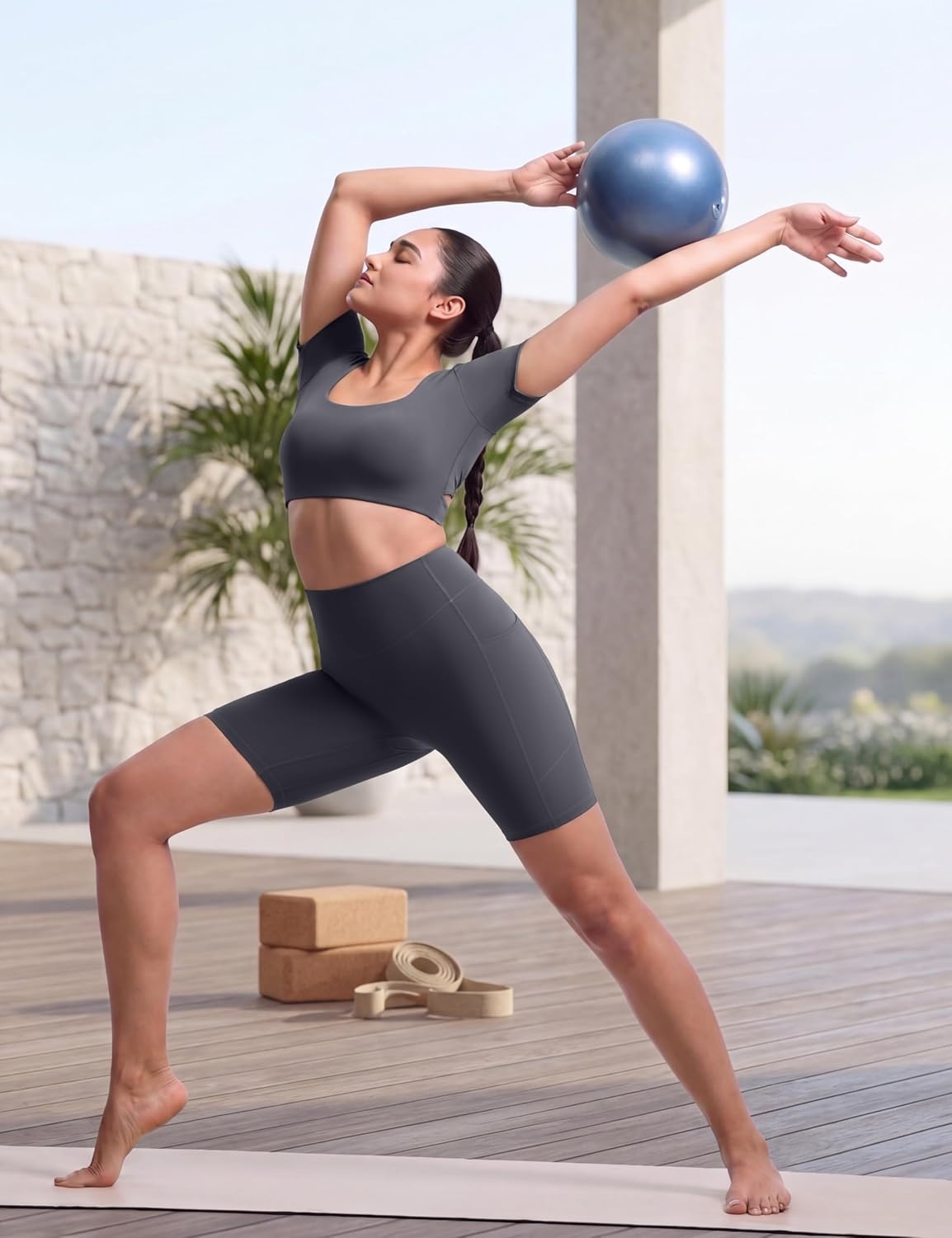 image:imageENERBLOOM Biker Shorts Women with Pockets 46810 Spandex Workout Shorts Lightweight for Summer Cycling Running Yoga GymEbony