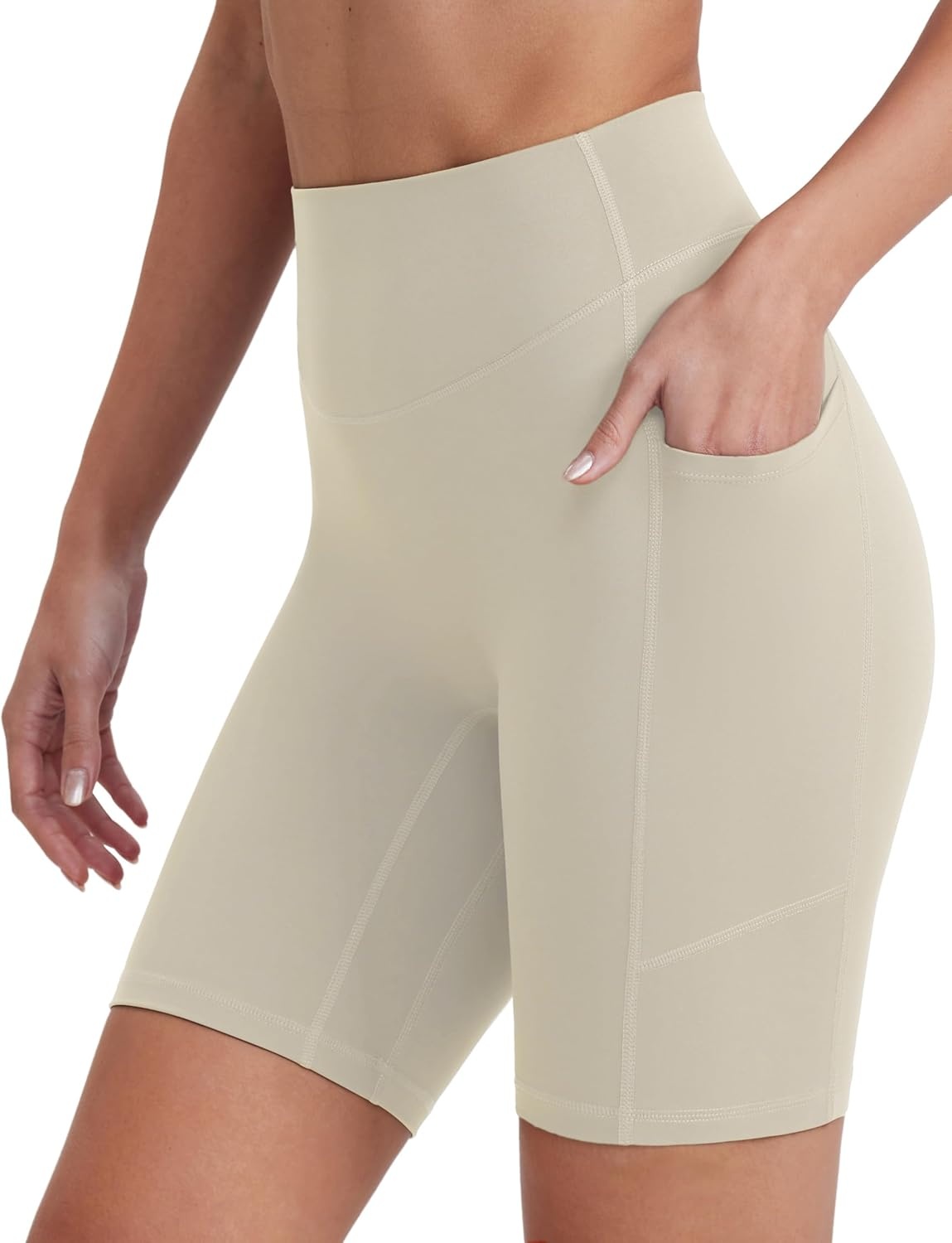image:imageENERBLOOM Biker Shorts Women with Pockets 46810 Spandex Workout Shorts Lightweight for Summer Cycling Running Yoga GymLight Taupe