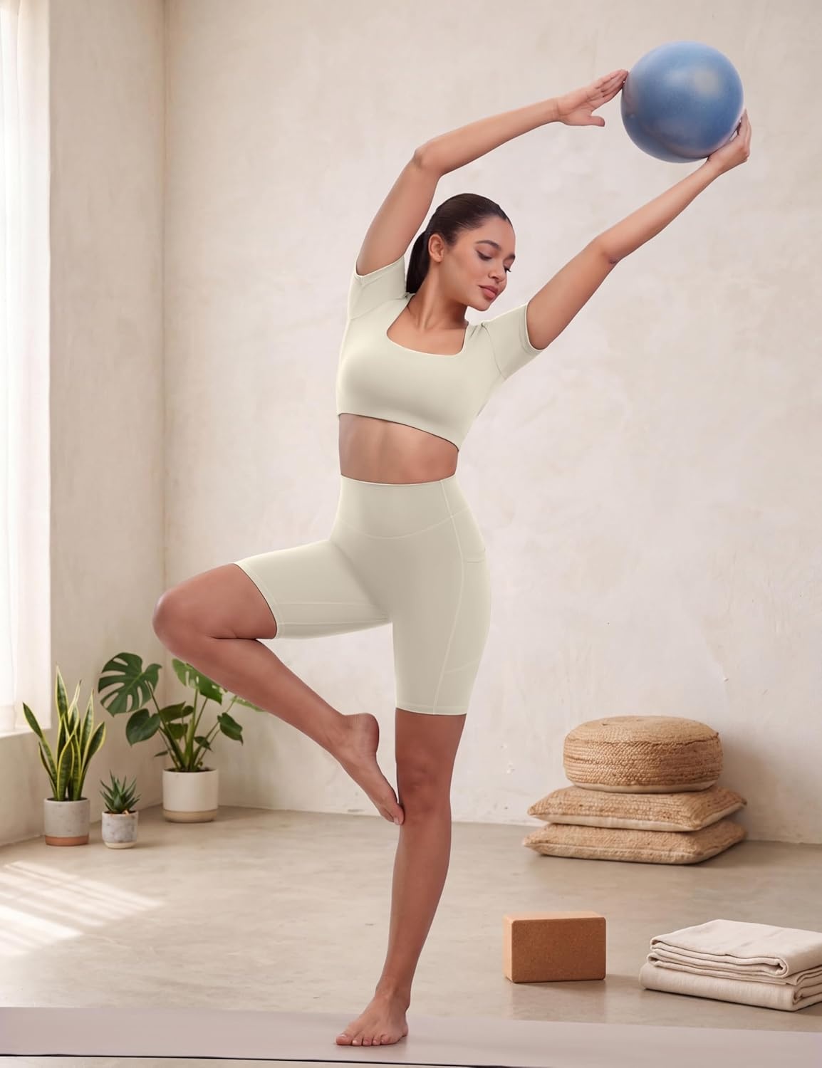 image:imageENERBLOOM Biker Shorts Women with Pockets 46810 Spandex Workout Shorts Lightweight for Summer Cycling Running Yoga GymLight Taupe