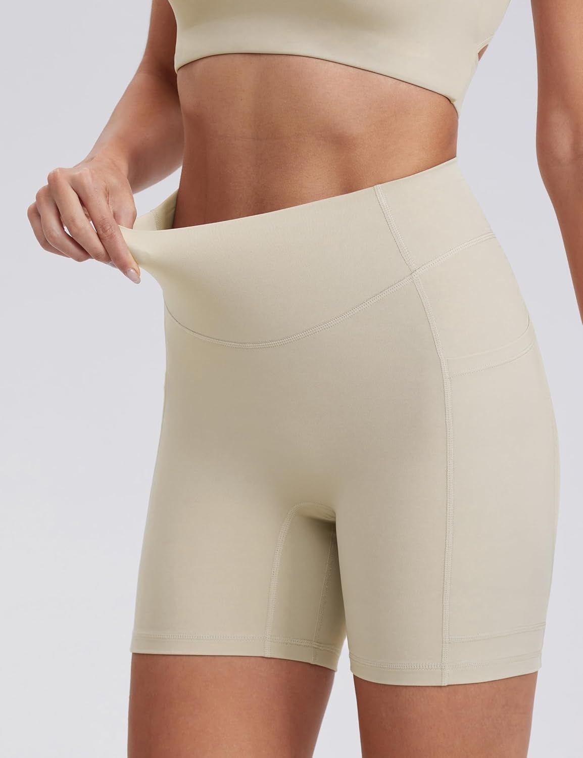 image:imageENERBLOOM Biker Shorts Women with Pockets 46810 Spandex Workout Shorts Lightweight for Summer Cycling Running Yoga GymLight Taupe