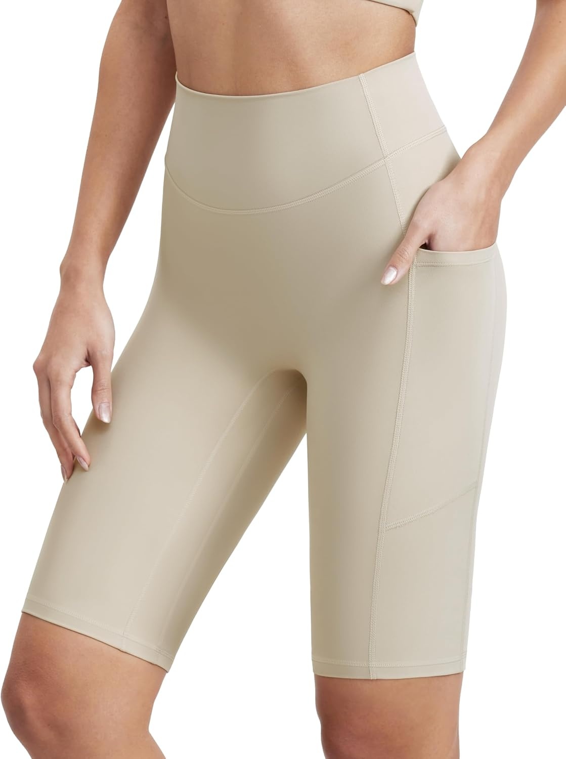 image:imageENERBLOOM Biker Shorts Women with Pockets 46810 Spandex Workout Shorts Lightweight for Summer Cycling Running Yoga GymLight Taupe