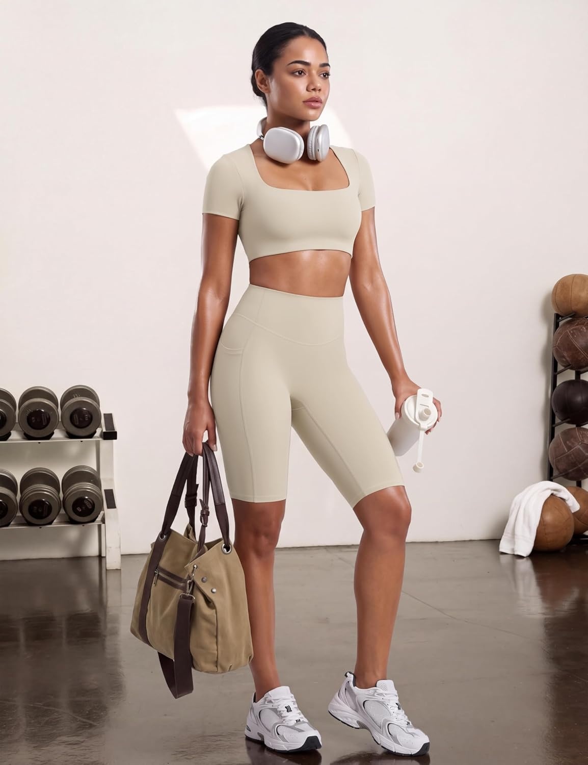 image:imageENERBLOOM Biker Shorts Women with Pockets 46810 Spandex Workout Shorts Lightweight for Summer Cycling Running Yoga GymLight Taupe