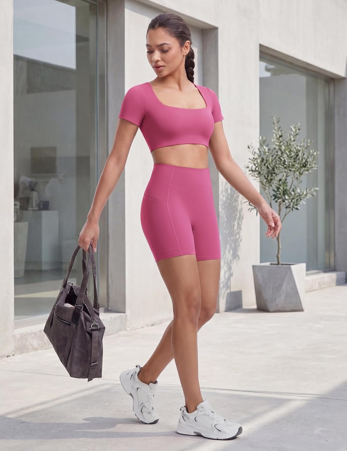 image:imageENERBLOOM Biker Shorts Women with Pockets 46810 Spandex Workout Shorts Lightweight for Summer Cycling Running Yoga GymSonic Pink
