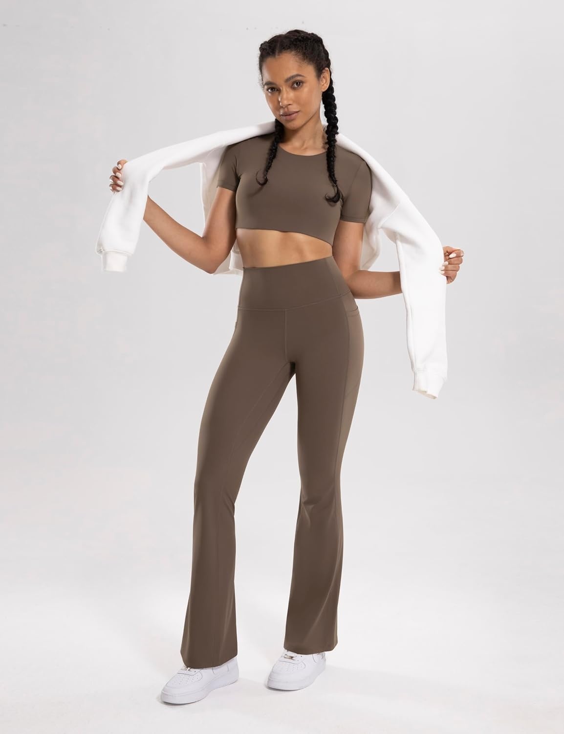 image:imageENERBLOOM Womens Workout Flare Yoga Pants with Pockets High Waisted Bootcut Leggings Tummy Control 30Coffee