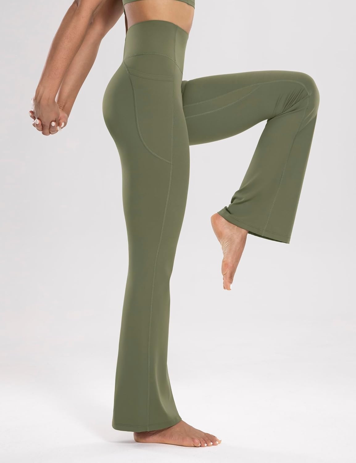 image:imageENERBLOOM Womens Workout Flare Yoga Pants with Pockets High Waisted Bootcut Leggings Tummy Control 30Green