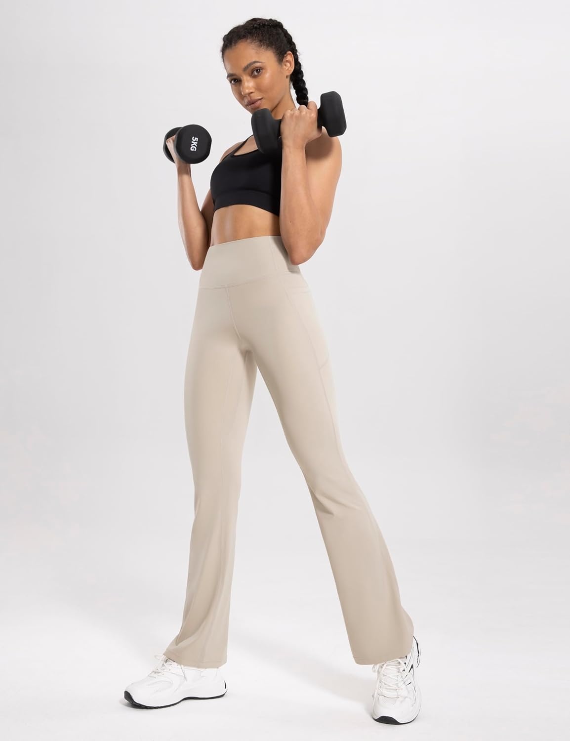 image:imageENERBLOOM Womens Workout Flare Yoga Pants with Pockets High Waisted Bootcut Leggings Tummy Control 30Khaki
