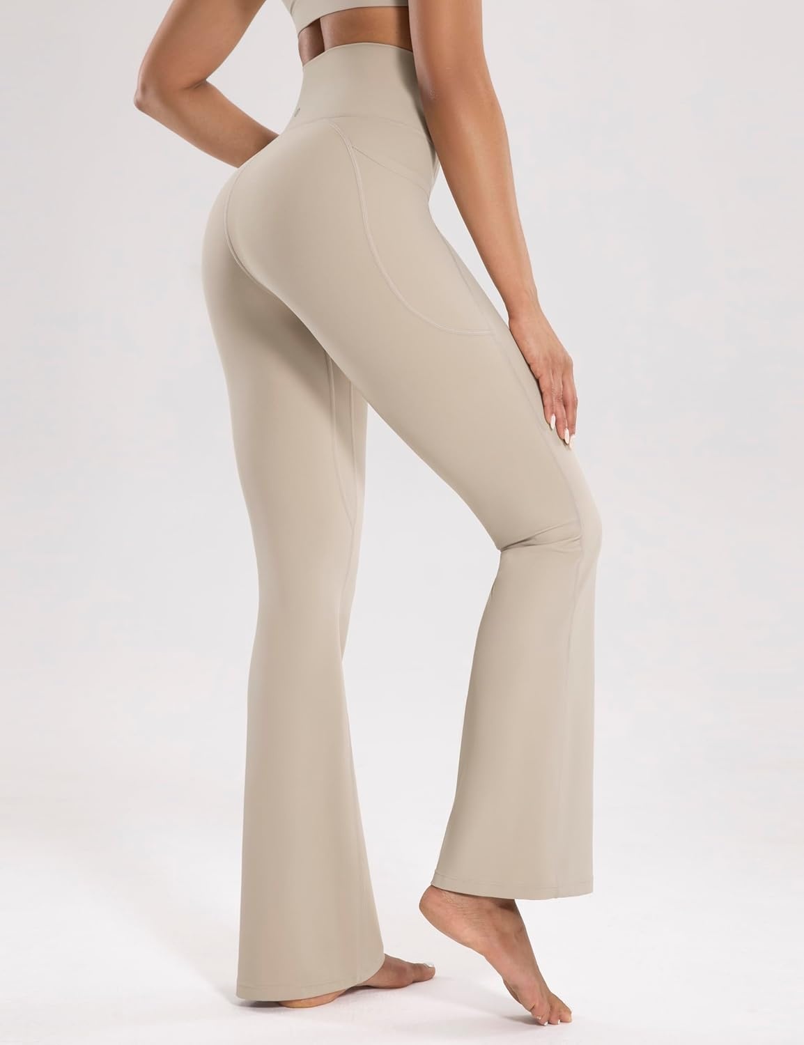 image:imageENERBLOOM Womens Workout Flare Yoga Pants with Pockets High Waisted Bootcut Leggings Tummy Control 30Khaki