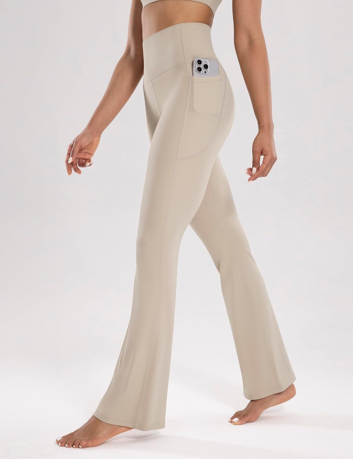 image:imageENERBLOOM Womens Workout Flare Yoga Pants with Pockets High Waisted Bootcut Leggings Tummy Control 30Khaki