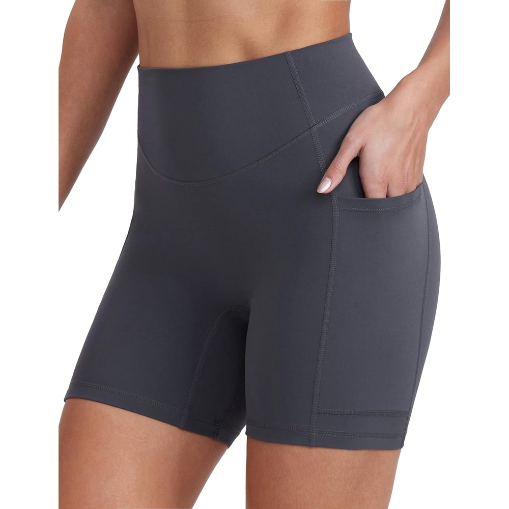 image:imageENERBLOOM Biker Shorts Women with Pockets 46810 Spandex Workout Shorts Lightweight for Summer Cycling Running Yoga GymEbony