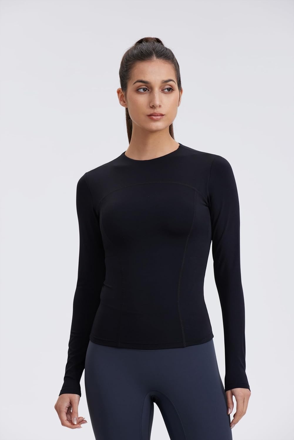 image:imageENERBLOOM Womens Yoga Tops Long Sleeve Tight Workout Shirts Slim Fit Stretch Cream Feeling Gym Athletic Tee CrewneckBlack