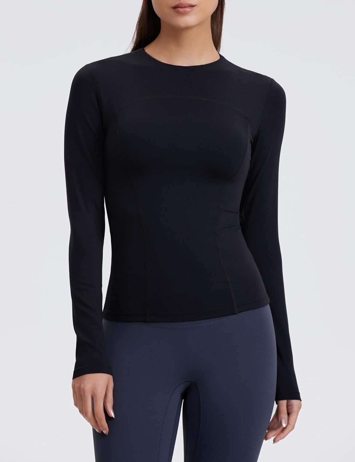 image:imageENERBLOOM Womens Yoga Tops Long Sleeve Tight Workout Shirts Slim Fit Stretch Cream Feeling Gym Athletic Tee CrewneckBlack