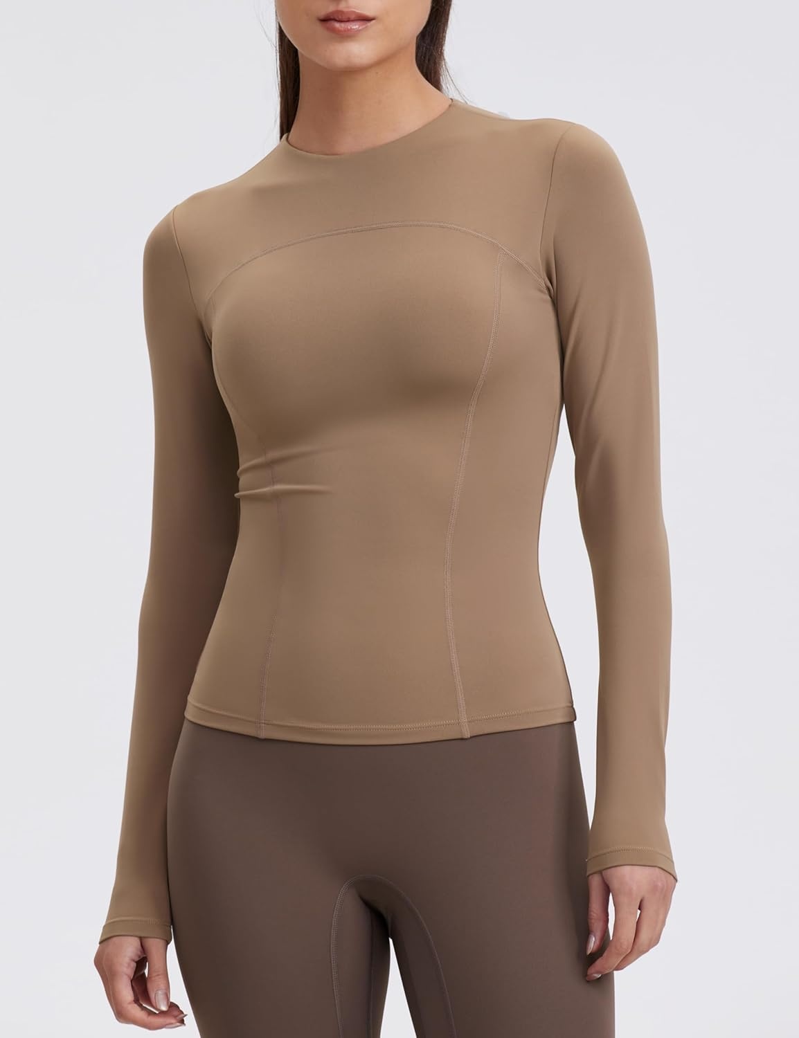 image:imageENERBLOOM Womens Yoga Tops Long Sleeve Tight Workout Shirts Slim Fit Stretch Cream Feeling Gym Athletic Tee CrewneckCoffee