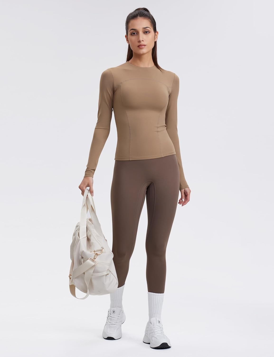 image:imageENERBLOOM Womens Yoga Tops Long Sleeve Tight Workout Shirts Slim Fit Stretch Cream Feeling Gym Athletic Tee CrewneckCoffee