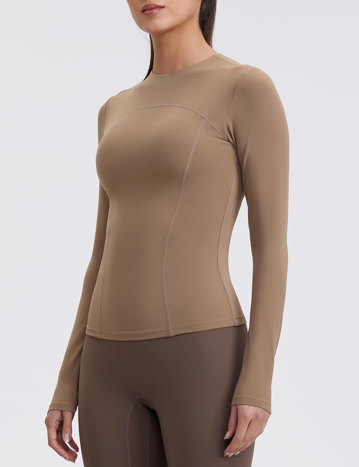 image:imageENERBLOOM Womens Yoga Tops Long Sleeve Tight Workout Shirts Slim Fit Stretch Cream Feeling Gym Athletic Tee CrewneckCoffee