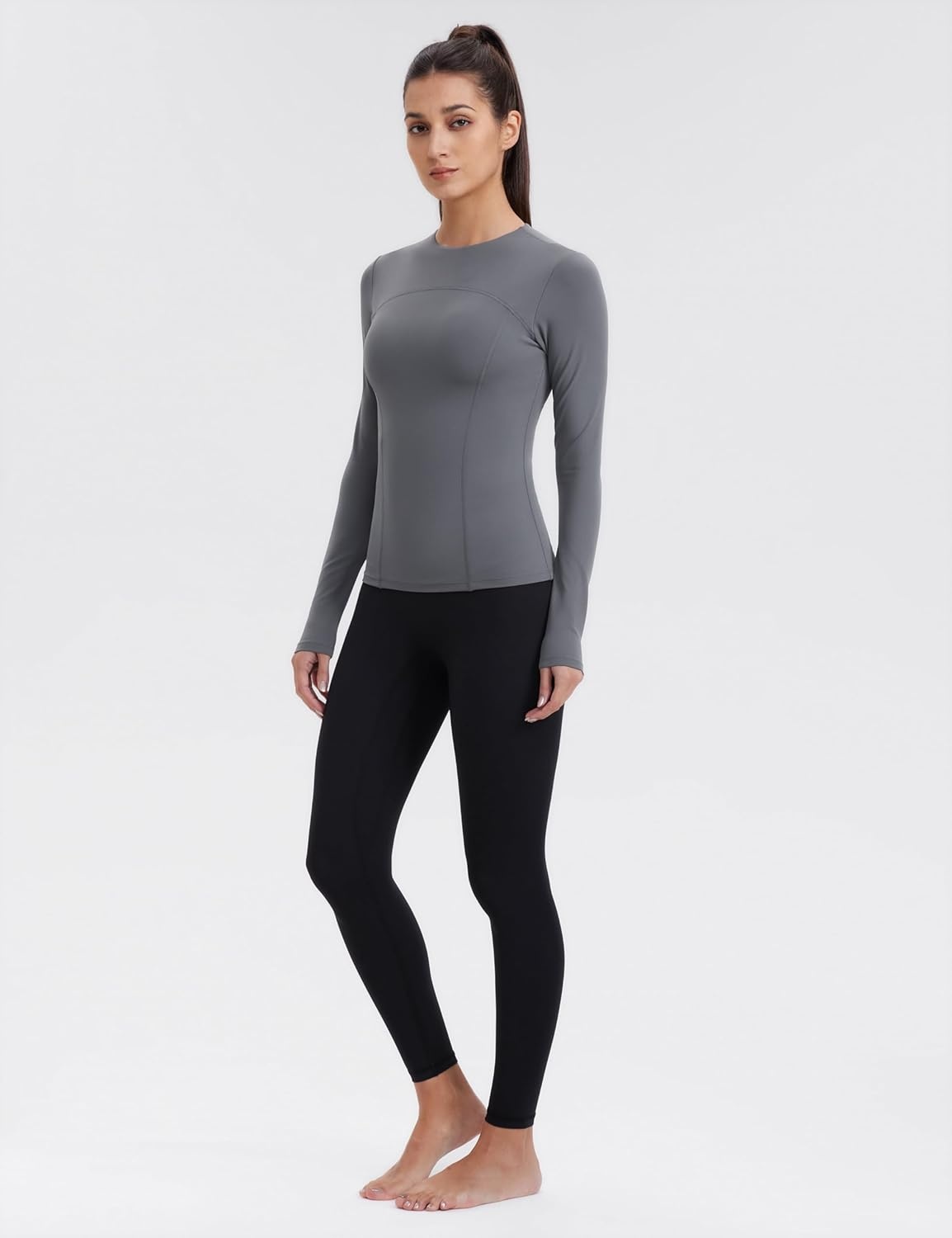 image:imageENERBLOOM Womens Yoga Tops Long Sleeve Tight Workout Shirts Slim Fit Stretch Cream Feeling Gym Athletic Tee CrewneckDark Gray