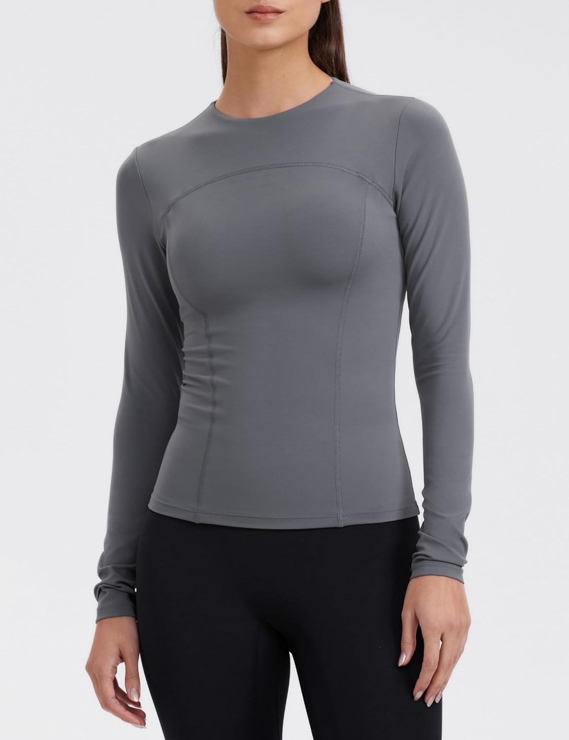 image:imageENERBLOOM Womens Yoga Tops Long Sleeve Tight Workout Shirts Slim Fit Stretch Cream Feeling Gym Athletic Tee CrewneckDark Gray