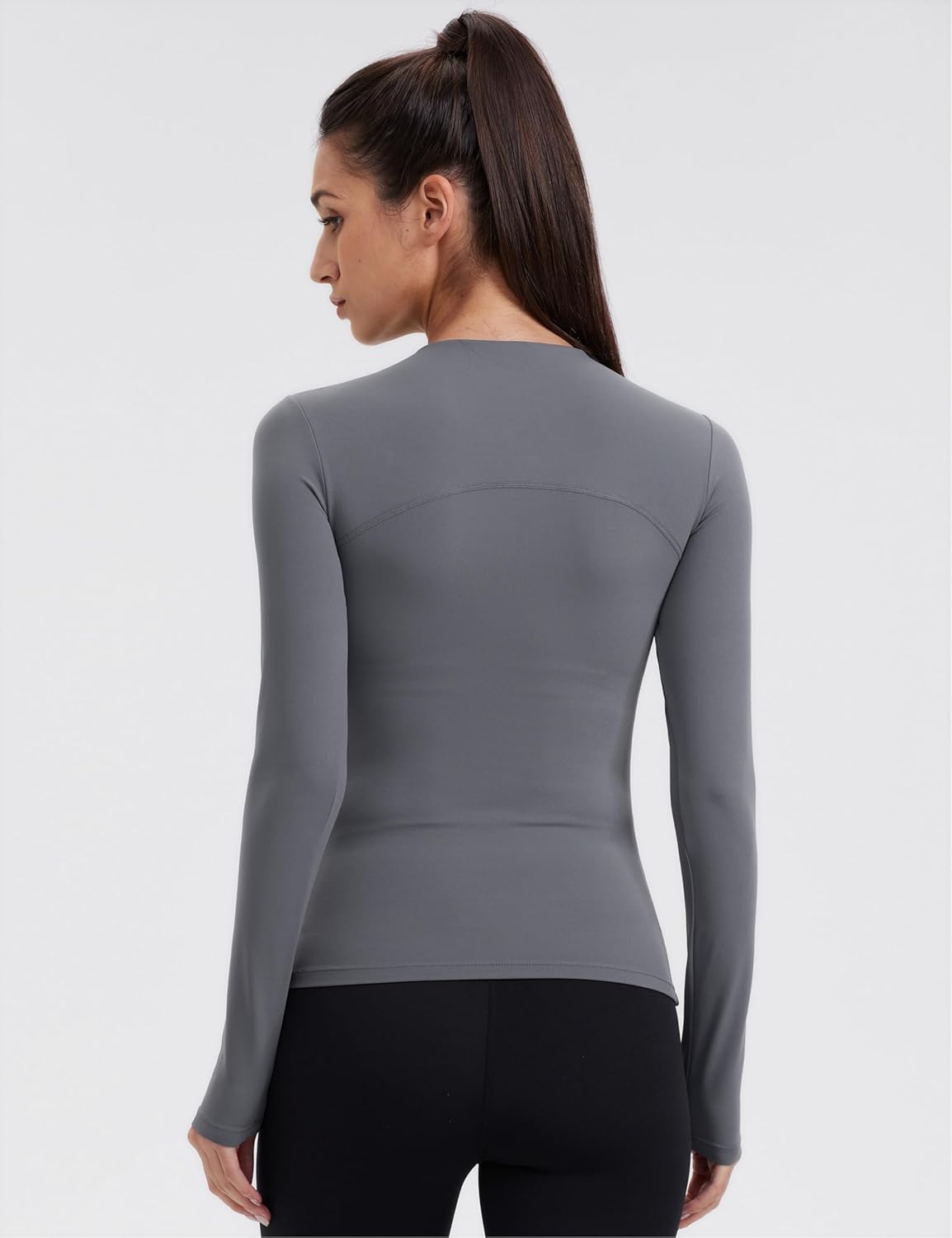 image:imageENERBLOOM Womens Yoga Tops Long Sleeve Tight Workout Shirts Slim Fit Stretch Cream Feeling Gym Athletic Tee CrewneckDark Gray