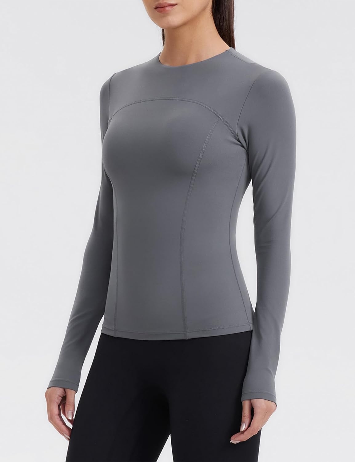 image:imageENERBLOOM Womens Yoga Tops Long Sleeve Tight Workout Shirts Slim Fit Stretch Cream Feeling Gym Athletic Tee CrewneckDark Gray