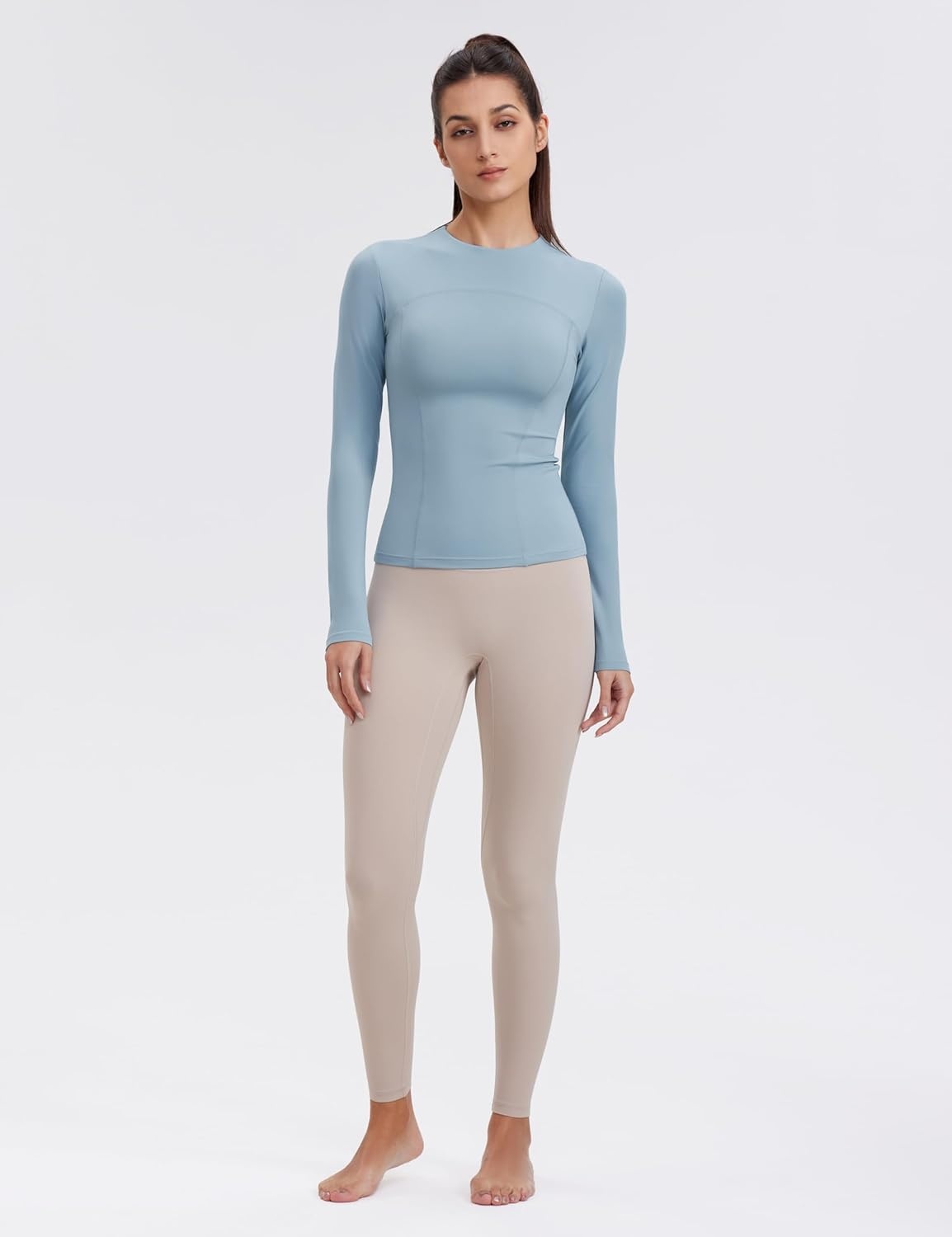 image:imageENERBLOOM Womens Yoga Tops Long Sleeve Tight Workout Shirts Slim Fit Stretch Cream Feeling Gym Athletic Tee CrewneckLake Blue