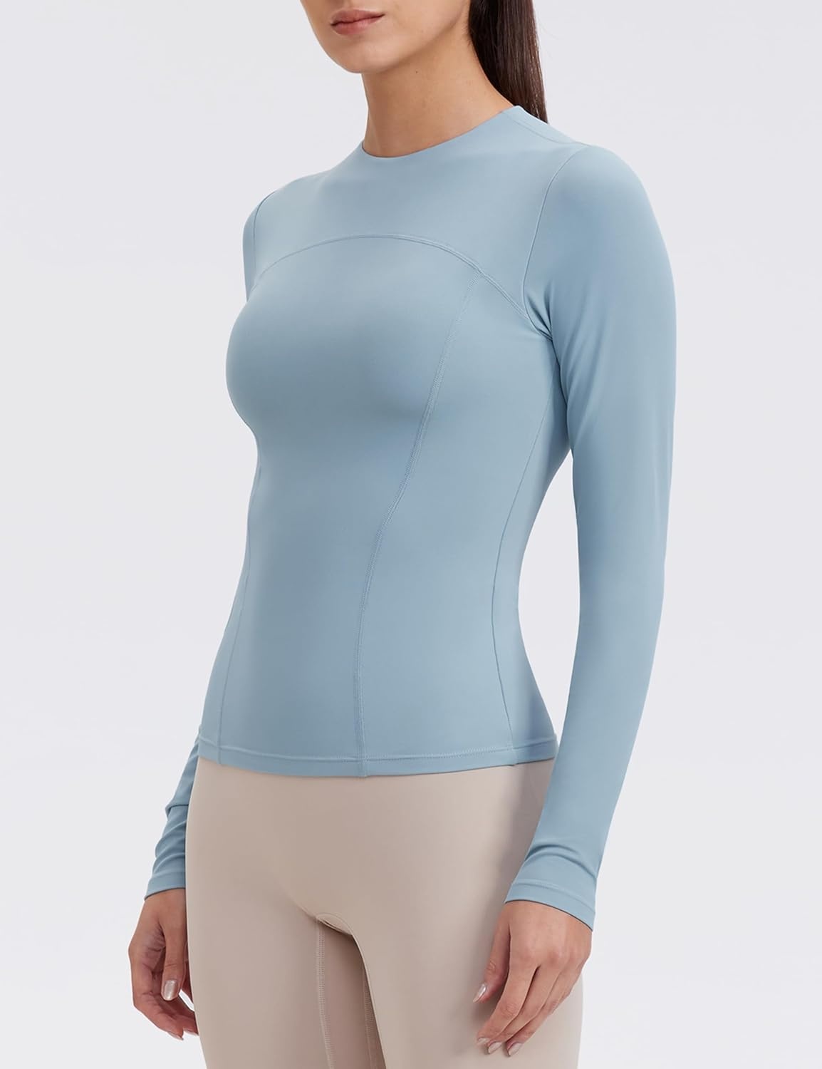 image:imageENERBLOOM Womens Yoga Tops Long Sleeve Tight Workout Shirts Slim Fit Stretch Cream Feeling Gym Athletic Tee CrewneckLake Blue