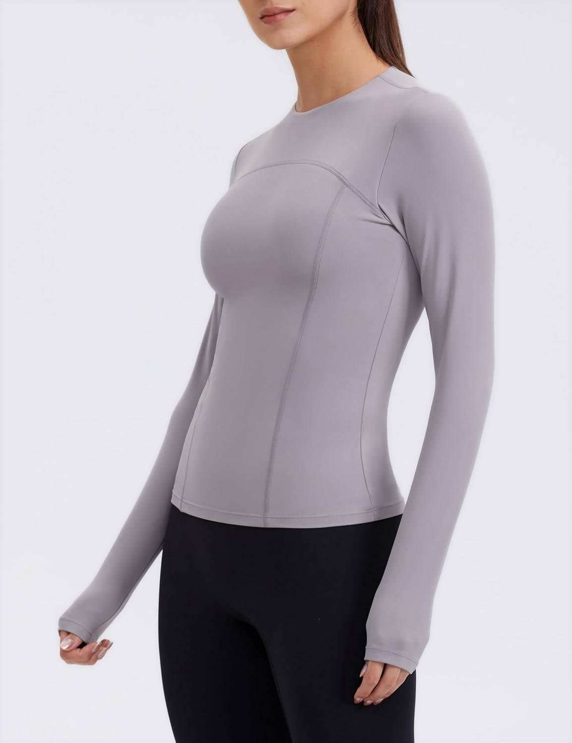 image:imageENERBLOOM Womens Yoga Tops Long Sleeve Tight Workout Shirts Slim Fit Stretch Cream Feeling Gym Athletic Tee CrewneckLight Gray
