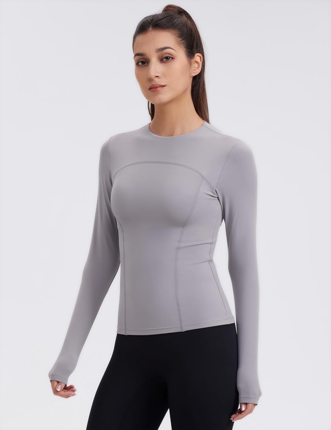 image:imageENERBLOOM Womens Yoga Tops Long Sleeve Tight Workout Shirts Slim Fit Stretch Cream Feeling Gym Athletic Tee CrewneckLight Gray