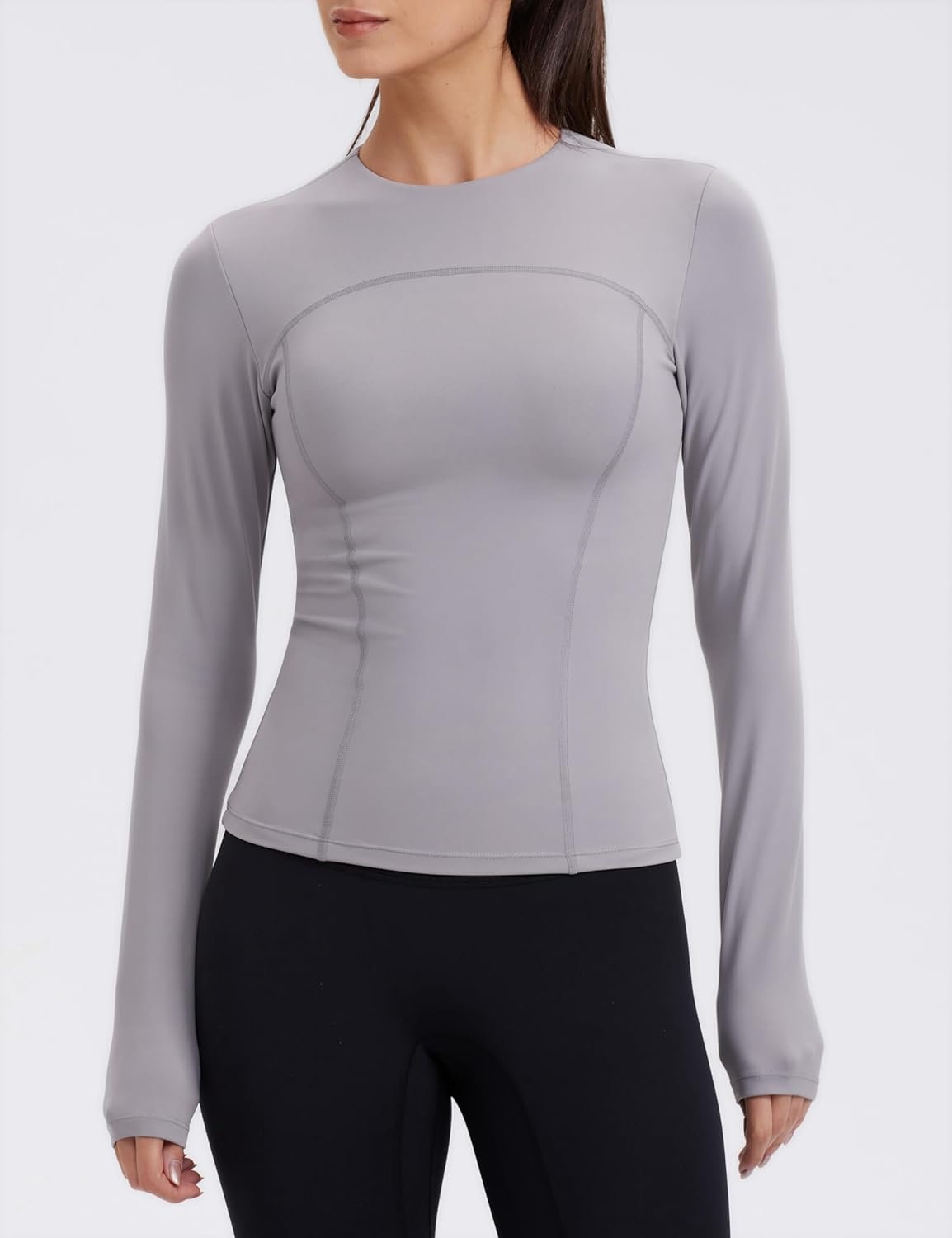 image:imageENERBLOOM Womens Yoga Tops Long Sleeve Tight Workout Shirts Slim Fit Stretch Cream Feeling Gym Athletic Tee CrewneckLight Gray
