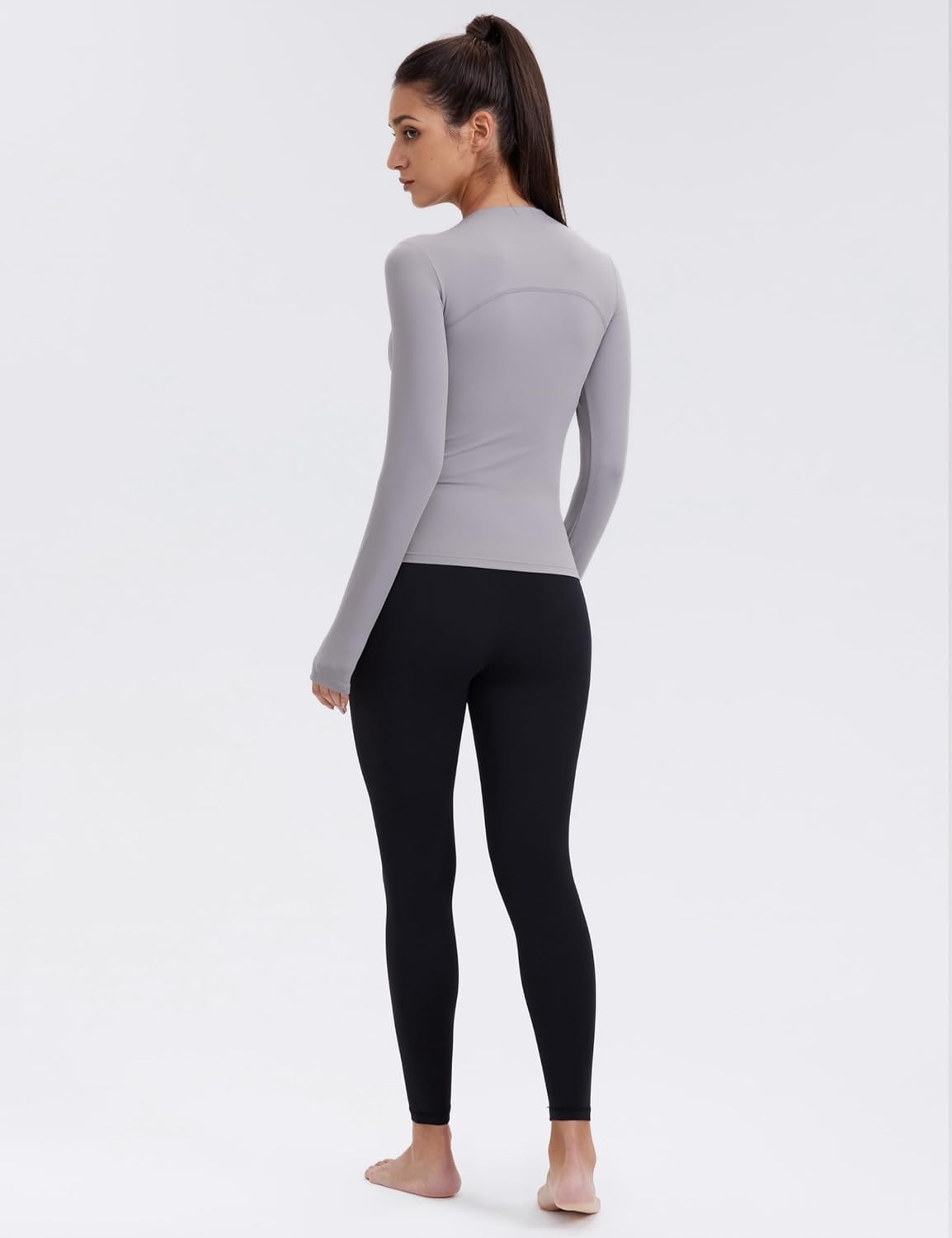 image:imageENERBLOOM Womens Yoga Tops Long Sleeve Tight Workout Shirts Slim Fit Stretch Cream Feeling Gym Athletic Tee CrewneckLight Gray