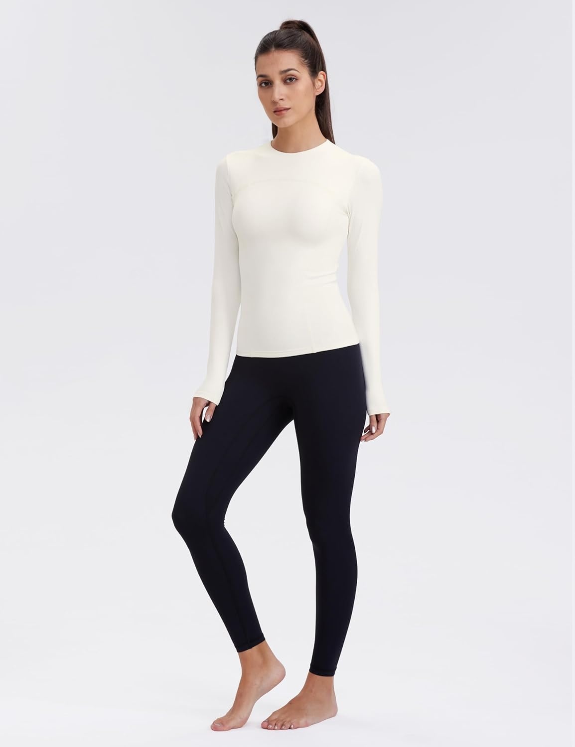 image:imageENERBLOOM Womens Yoga Tops Long Sleeve Tight Workout Shirts Slim Fit Stretch Cream Feeling Gym Athletic Tee CrewneckMilk White