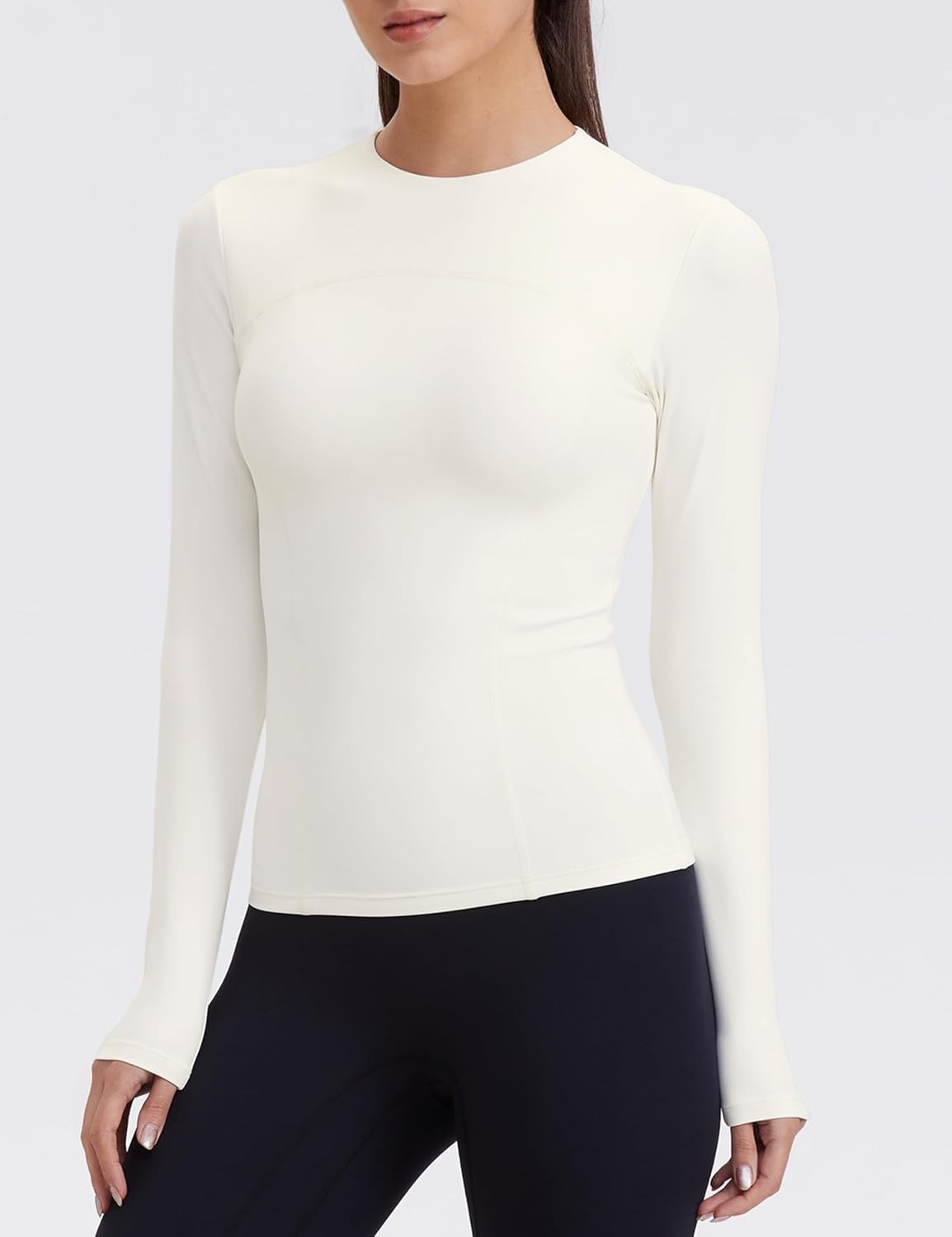 image:imageENERBLOOM Womens Yoga Tops Long Sleeve Tight Workout Shirts Slim Fit Stretch Cream Feeling Gym Athletic Tee CrewneckMilk White