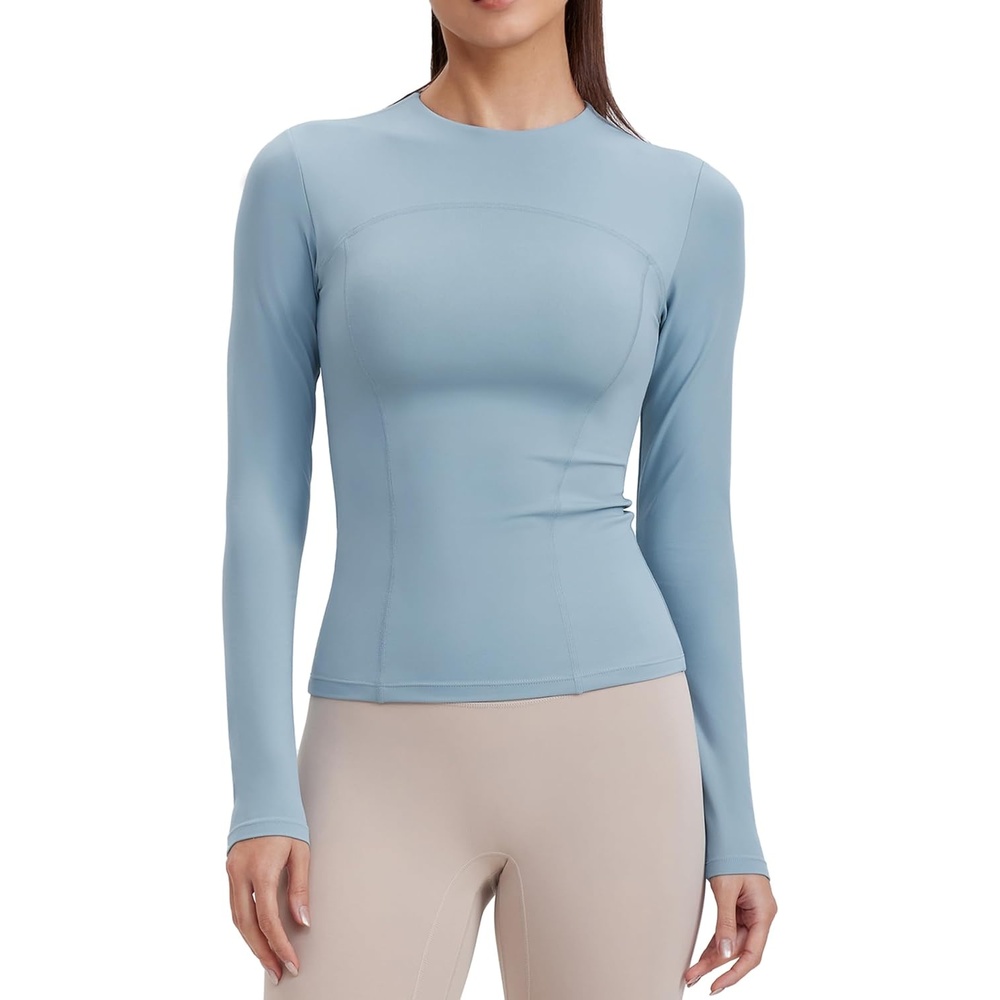 image:imageENERBLOOM Womens Yoga Tops Long Sleeve Tight Workout Shirts Slim Fit Stretch Cream Feeling Gym Athletic Tee CrewneckLake Blue