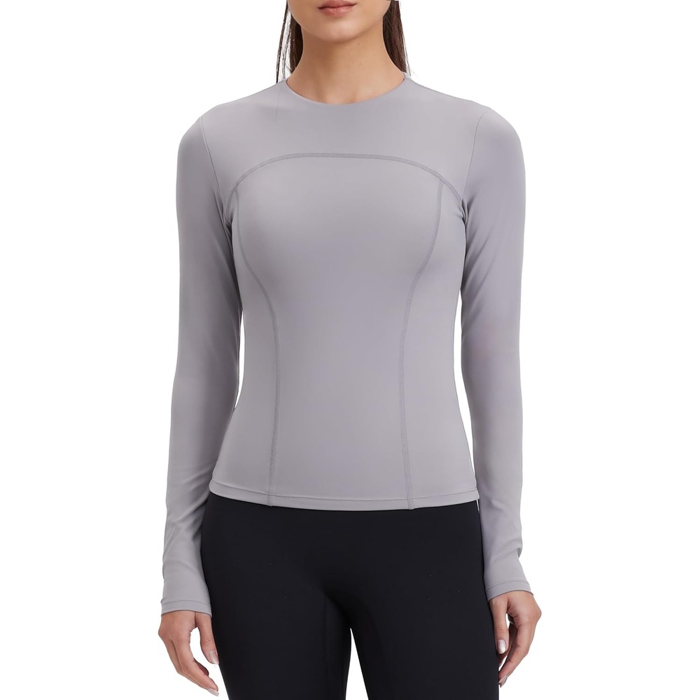image:imageENERBLOOM Womens Yoga Tops Long Sleeve Tight Workout Shirts Slim Fit Stretch Cream Feeling Gym Athletic Tee CrewneckLight Gray