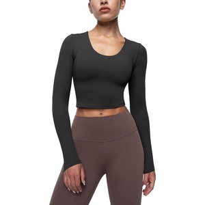 image:imageENERBLOOM Womens Long Sleeve Shirts Workout Crop Tops Yoga Tee Built in Bra Mild Support Cream Feeling Athletic Top UNeck