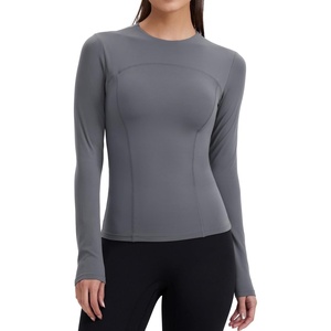 image:imageENERBLOOM Womens Yoga Tops Long Sleeve Tight Workout Shirts Slim Fit Stretch Cream Feeling Gym Athletic Tee CrewneckDark Gray